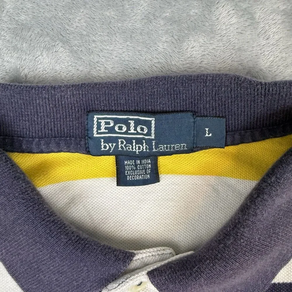 Vintage Polo Ralph Lauren Striped Polo Shirt Mens Large Yellow Navy White Pony